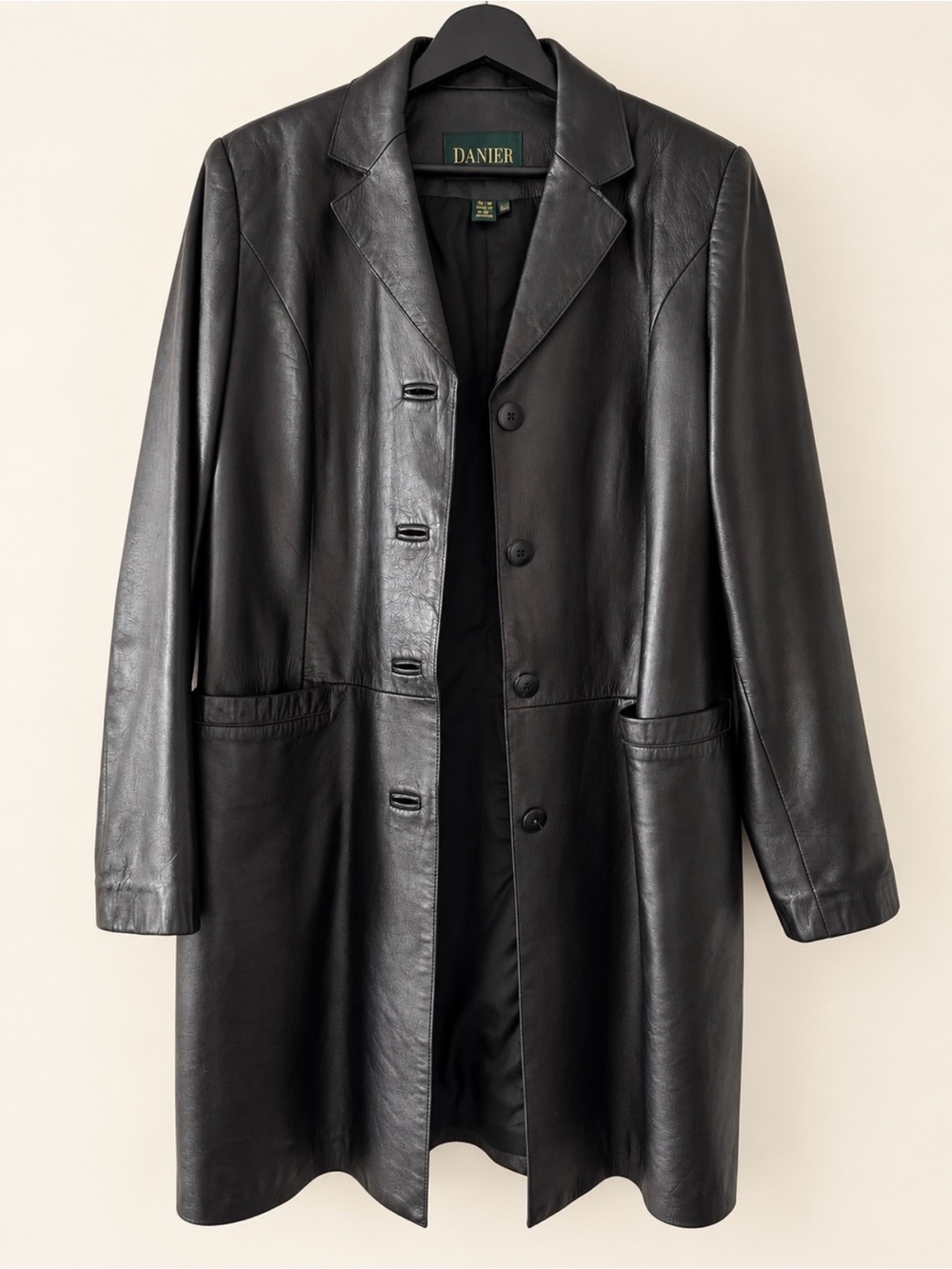 Danier Black Genuine Leather Long Coat Blazer 12-14 Large